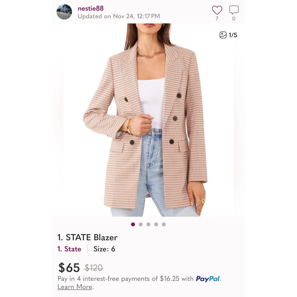 1 STATE Plaid Double Breasted Blazer Women Size 10 Brown Tan White